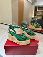 VLTN ESPADRILLE WEDGE SANDALS 25S 90 MM IN DARK GREEN LAMBSKIN STYLE 6