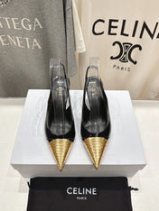 JUDY CAP TOE SLINGBACK 65MM IN BLACK SHINY CALFSKIN AND GOLD SNAKE EMBOSSED LEATHER
