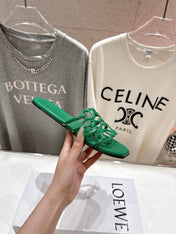 LOEWE 26S PETAL ANAGRAM SLIDE IN GREEN CALFSKIN