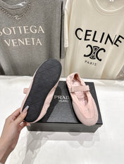 PRADA 25S COLLAPSE RE NYLON AND SUEDE BALLERINAS IN BABY PINK