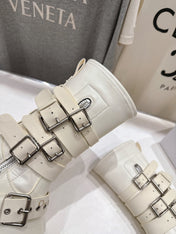 DIOR 25S BIKER BOOTS IN CREAM WHITE CALFSKIN WITH SILVER HARDWARE