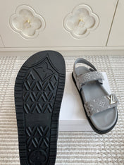 LV SANDALS 25S IN GREY DENIM AND CALFSKIN WITH SILVER HARDWARE