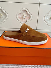 HM 25S MULES IN BROWN SUEDE WITH SILVER HARDWARE