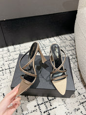 HIGH CRYSTAL STRAP SANDALS IN BOUTIQUE BEIGE SILK