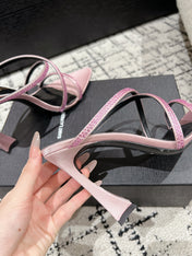 HIGH CRYSTAL STRAP SANDALS IN LIGHT PINK SILK