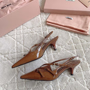 Slingback Ash Brown Leather With Stylized Cross Straps - Mid Heels