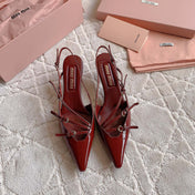 Slingback Ruby Leather With Stylized Cross Straps - Mid Heels