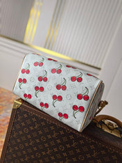 LV 25S SPEEDY SOFT 30 IN WHITE CANVAS MONOGRAM CHERRY PRINT GOLD HARDWARE