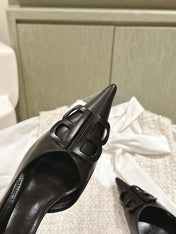 POINTED BB BLACK BUCKLE KITTEN HEEL PUMPS IN BLACK SMOOTH LAMBSKIN
