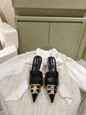 POINTED BB GOLD BUCKLE HIGH MULES IN BLACK PATENT CALFSKIN