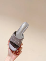LV WOMEN FLAT MULE IN PASTEL PURPLE SATIN WITH RHINESTONE
