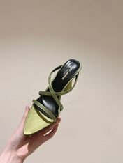 HIGH HEEL MULE 10 CM IN OLIVE GREEN SATIN WITH RHINESTONES
