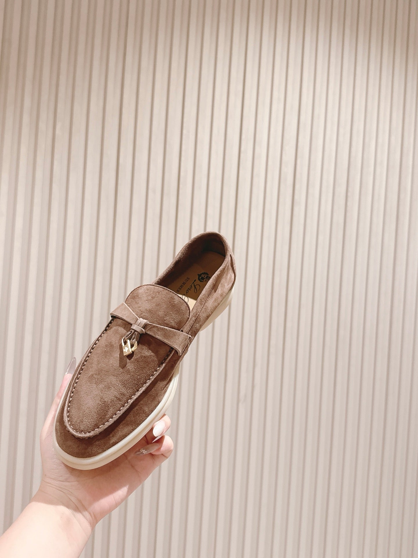 SUMMER WALK LOAFERS BROWN SUEDE WITH GOLD PADLOCK CHARM