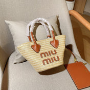 PALMETTO TOTE BAG 18 IN BEIGE WOVEN RAFFIA BROWN CALFSKIN TRIM