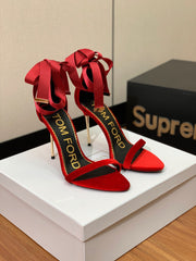 ANKLE SANDAL 10 CM IN RUBY RED VELVET AND SILK