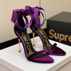 ANKLE SANDAL 10 CM IN PLUM PURPLE VELVET AND SILK