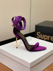 ANKLE SANDAL 10 CM IN PLUM PURPLE VELVET AND SILK
