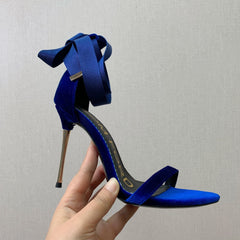 ANKLE SANDAL 10 CM IN NAVY BLUE VELVET AND SILK