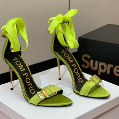 ANKLE SANDAL 10 CM IN PEAR GREEN SILK AND SHEEPSKIN