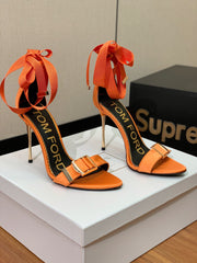 ANKLE SANDAL 10 CM IN SPANISH ORANGE SILK AND SHEEPSKIN