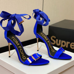 ANKLE SANDAL 10 CM IN COBALT BLUE SILK AND SHEEPSKIN