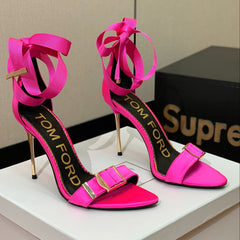 ANKLE SANDAL 10 CM IN BRIGHT PINK SILK AND SHEEPSKIN
