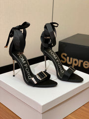 ANKLE SANDAL 10 CM IN BLACK SILK AND SHEEPSKIN