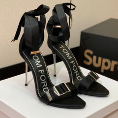 ANKLE SANDAL 10 CM IN BLACK SILK AND SHEEPSKIN