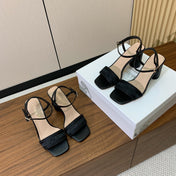 HIGH HEEL EMBROIDERED SANDAL IN BLACK CALFSKIN AND WOVEN STRAPS