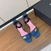 BALMAIN 26S HEELED SANDALS 95 MM IN BLUE DENIM WITH GOLD HARDWARE