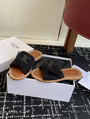CELINE 26S TRIOMPHE FLAT SLIDES IN BLACK WOOL