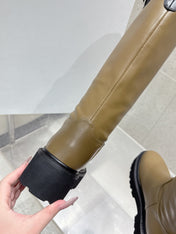 CELINE 26S KNEE-HIGH BOOTS IN OLIVE BROWN AND BLACK CALFSKIN