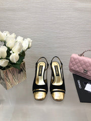 HIGH SLINGBACKS IN BLACK SUEDE AND GOLDEN LAMBSKIN