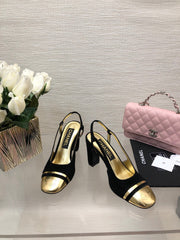 HIGH SLINGBACKS IN BLACK SUEDE AND GOLDEN LAMBSKIN