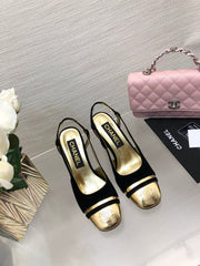 HIGH SLINGBACKS IN BLACK SUEDE AND GOLDEN LAMBSKIN