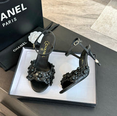 CC Little Camellia World Thin High Sandals Black Lambskin