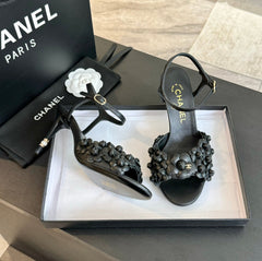 CC Little Camellia World Thin High Sandals Black Lambskin