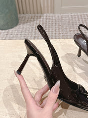 PRADA 26S POINTED-TOE SLINGBACK HEELS 75MM IN DARK BROWN PATENT CALFSKIN