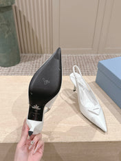 PRADA 26S POINTED-TOE SLINGBACK HEELS 75MM IN WHITE SHINY CALFSKIN