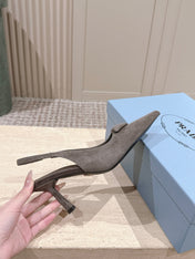 PRADA 26S POINTED-TOE SLINGBACK HEELS 75MM IN TAUPE GRAY SUEDE WITH LOGO