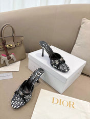 DIOR 26S KITTEN HEEL SLIDE SANDALS 85MM IN BLACK MONOGRAM CANVAS CALFSKIN CHAIN STRAP