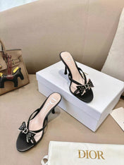 DIOR 26S KITTEN HEEL SANDALS 85MM IN BLACK CALFSKIN BOW STUDDED