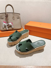 HM 25S HIGH WEDGE SANDALS IN DARK MOSS GREEN LAMBSKIN STYLE 32