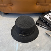 CHANEL 26S FLAT-BRIM STRAW HAT WITH RAISED CC LOGO 338106