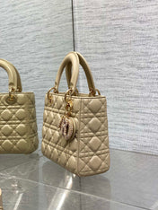 DIOR 25S LADY DIOR BAG 20 IN SAND BEIGE CALFSKIN CHARM PEARL EMBELLISHMENTS