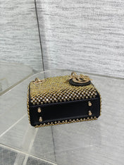 DIOR 25S MINI LADY D-LITE BAG 12 IN BLACK CANVAS AND CALFSKIN CRYSTAL-STUDDED