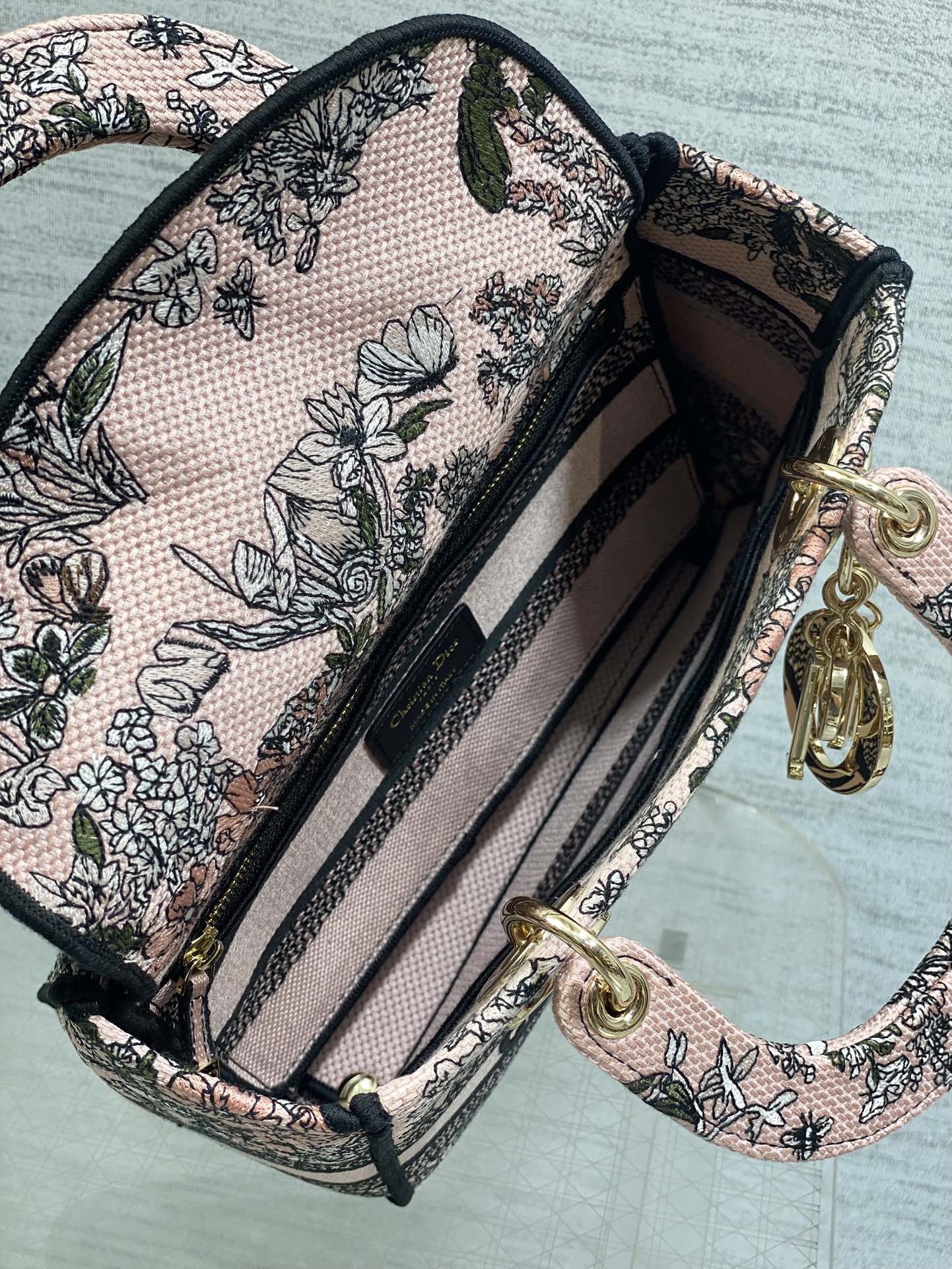 DIOR 25S SMALL LADY D-LITE BAG 24 IN PINK DIOR FLOWERS CALENDAR ALLOVER EMBROIDERY