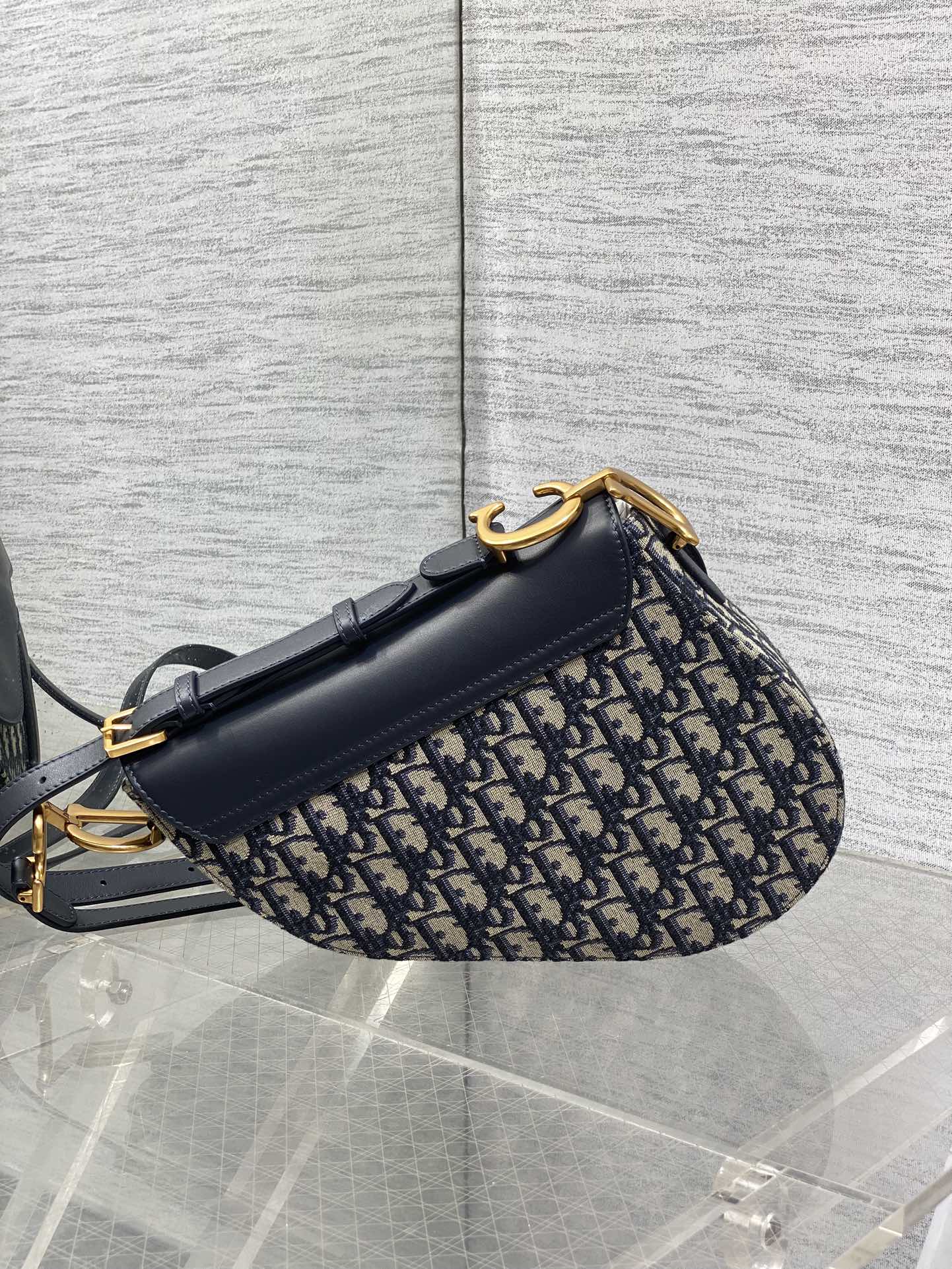 DIOR 25S MINI SOFT SADDLE BAG 19 IN BLUE DIOR OBLIQUE JACQUARD AND SMOOTH CALFSKIN