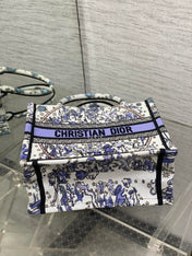 DIOR 25S SMALL BOOK TOTE 26 IN WHITE AND PURPLE DIOR NIGHT OF DREAMS EMBROIDERY
