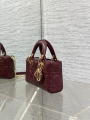 DIOR 25S SMALL LADY D‑JOY BAG 19 IN BURGUNDY CANNAGE CALFSKIN GOLD HARDWARE